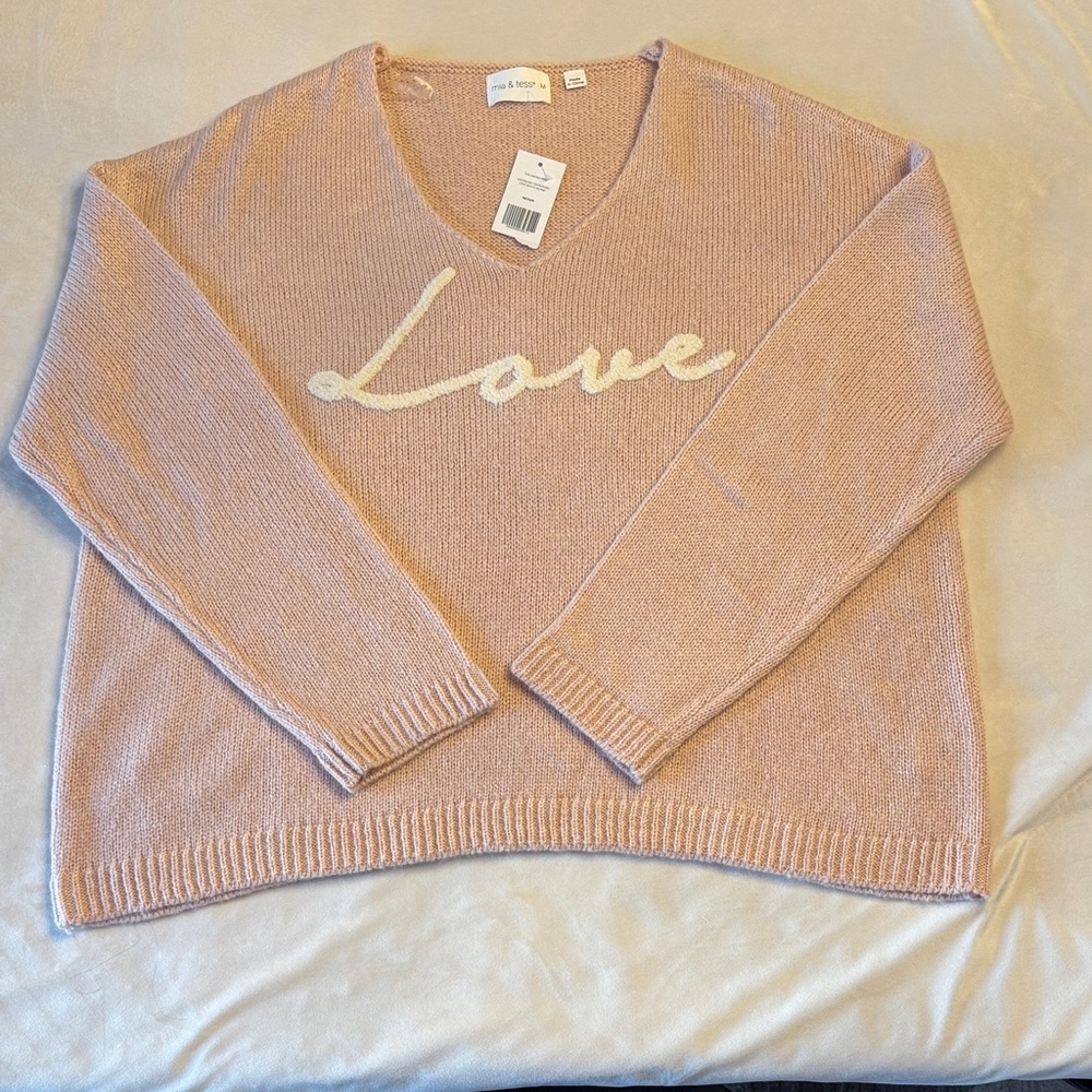 NWT! Mia & Tess Love V-Neck Sweater - Pink, sz M